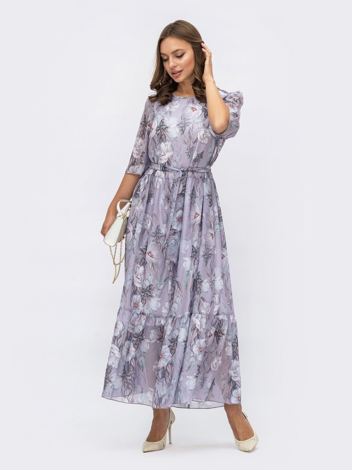 Шифонове плаття-максі бузковий принт | 68759 Шифонове плаття-максі бузковий принт | 68759