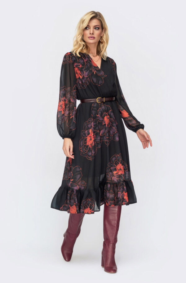 Чорна сукня в принт зі спідницею-кльош | 69305