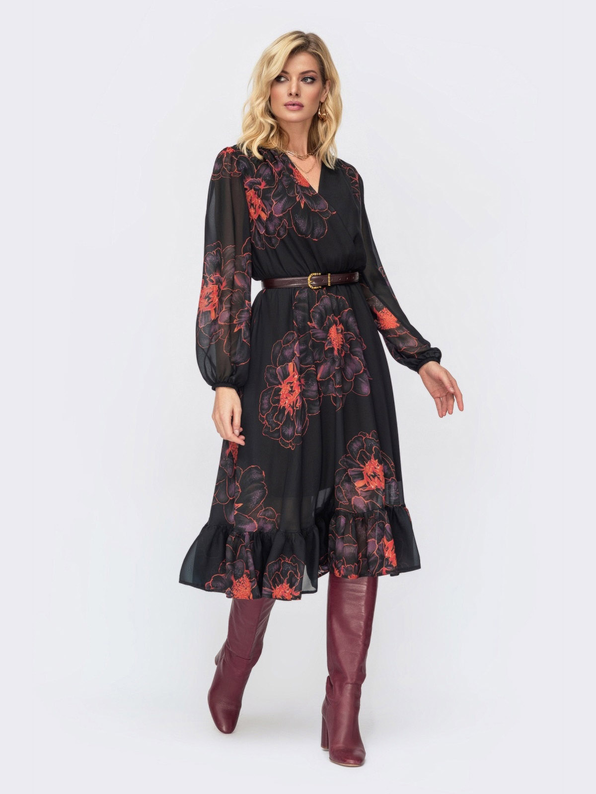 Чорна сукня в принт зі спідницею-кльош | 69305 Чорна сукня в принт зі спідницею-кльош | 69305