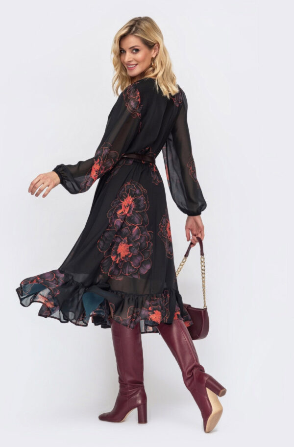 Чорна сукня в принт зі спідницею-кльош | 69305