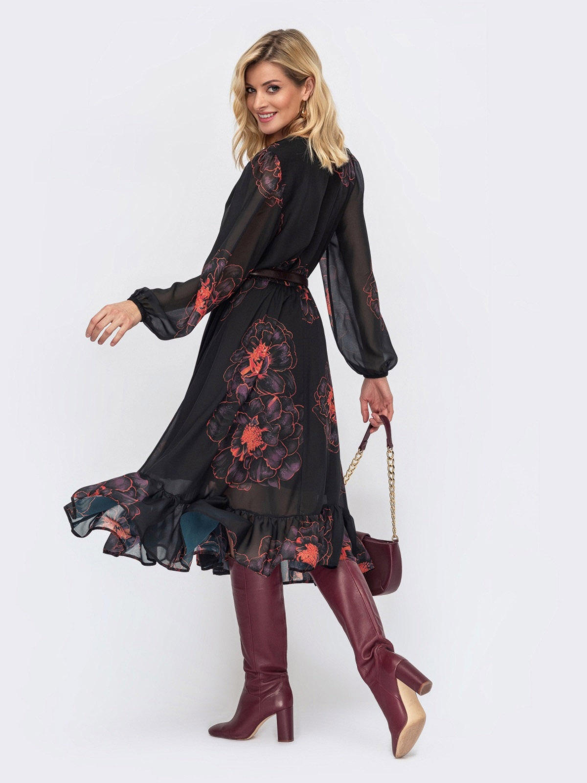 Чорна сукня в принт зі спідницею-кльош | 69305 Чорна сукня в принт зі спідницею-кльош | 69305