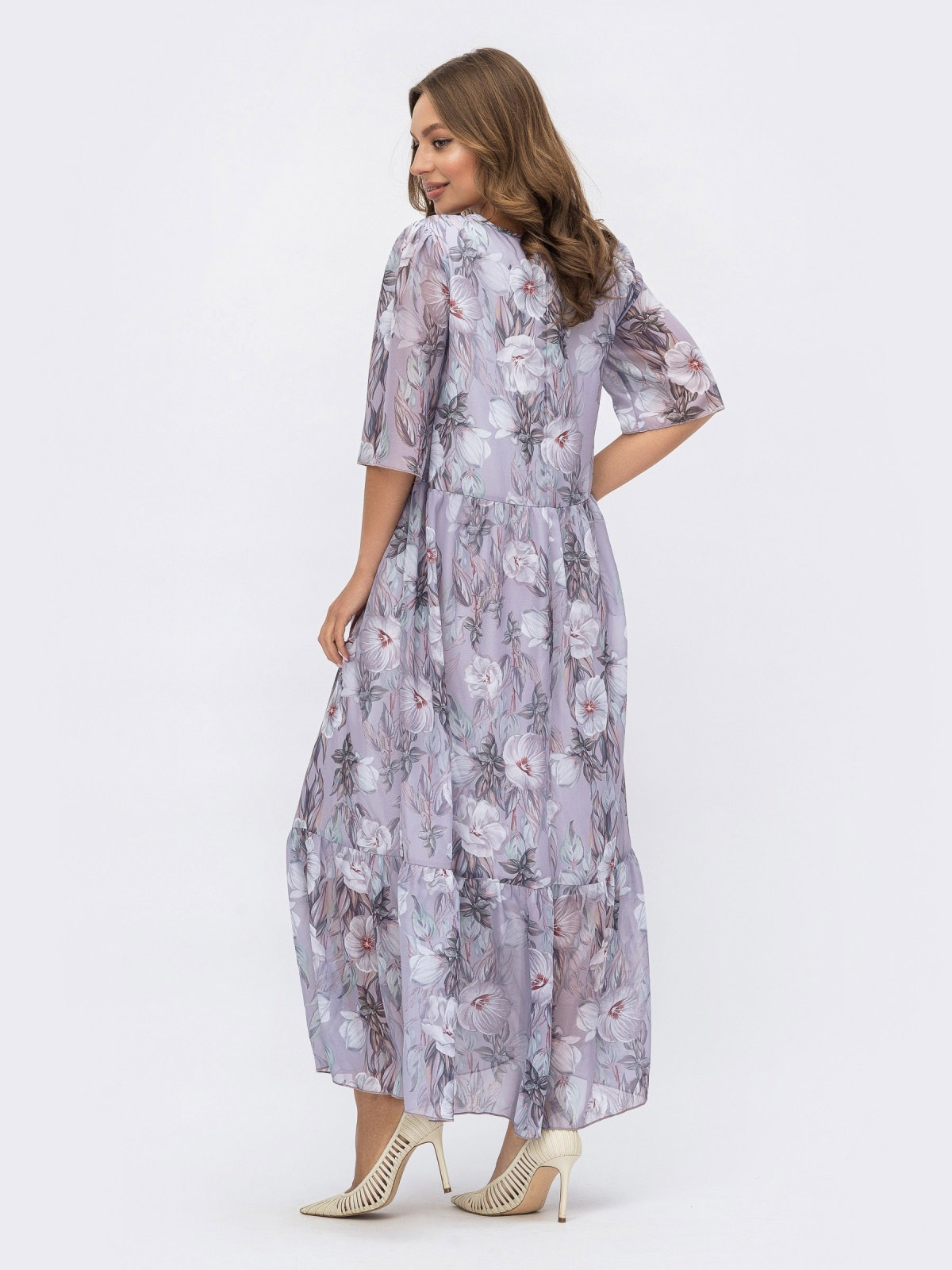 Шифонове плаття-максі бузковий принт | 68759 Шифонове плаття-максі бузковий принт | 68759