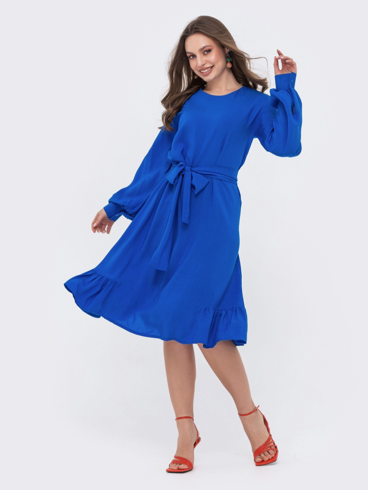 Плаття синє А-силуету з воланом по низу | 69595