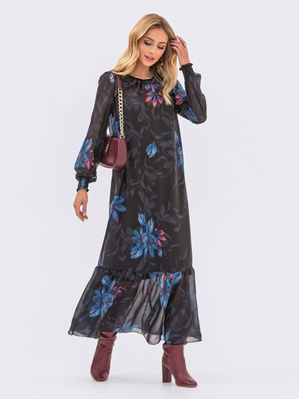 Сукня вільного крою з шифону чорна в принт | 70686 Сукня вільного крою з шифону чорна в принт | 70686