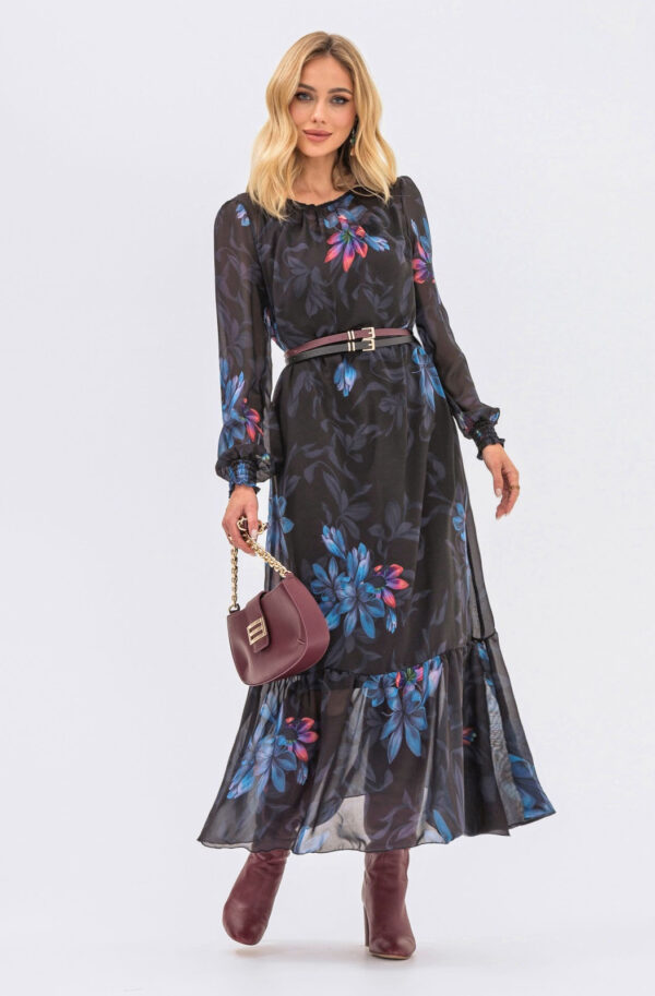 Сукня вільного крою з шифону чорна в принт | 70686