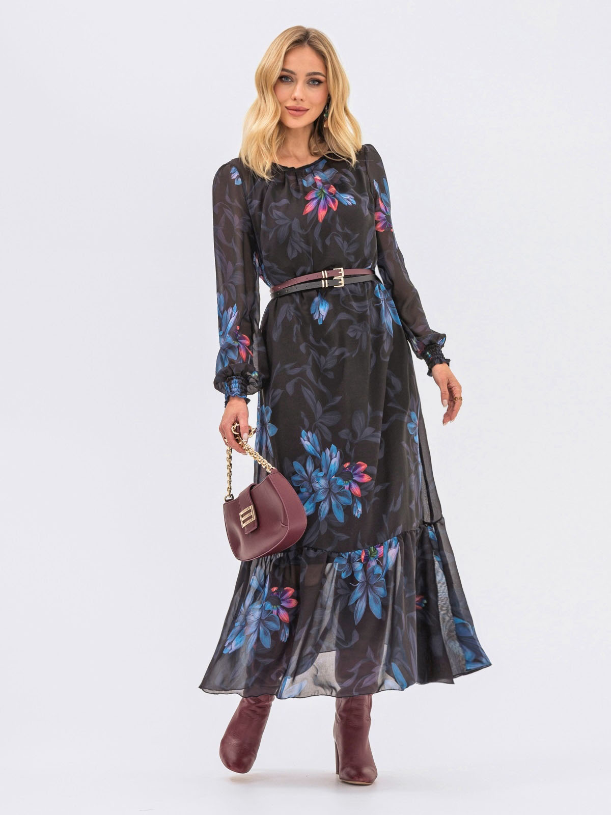 Сукня вільного крою з шифону чорна в принт | 70686 Сукня вільного крою з шифону чорна в принт | 70686