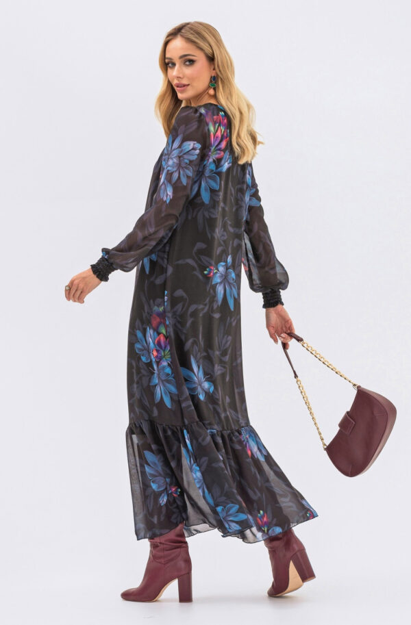 Сукня вільного крою з шифону чорна в принт | 70686