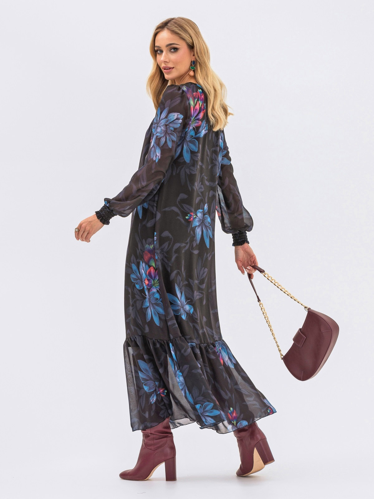 Сукня вільного крою з шифону чорна в принт | 70686 Сукня вільного крою з шифону чорна в принт | 70686