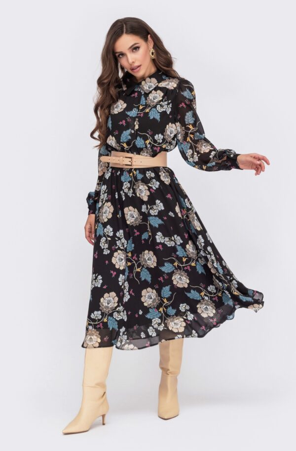 Плаття-сорочка чорне міді у квітчастий принт | 71272