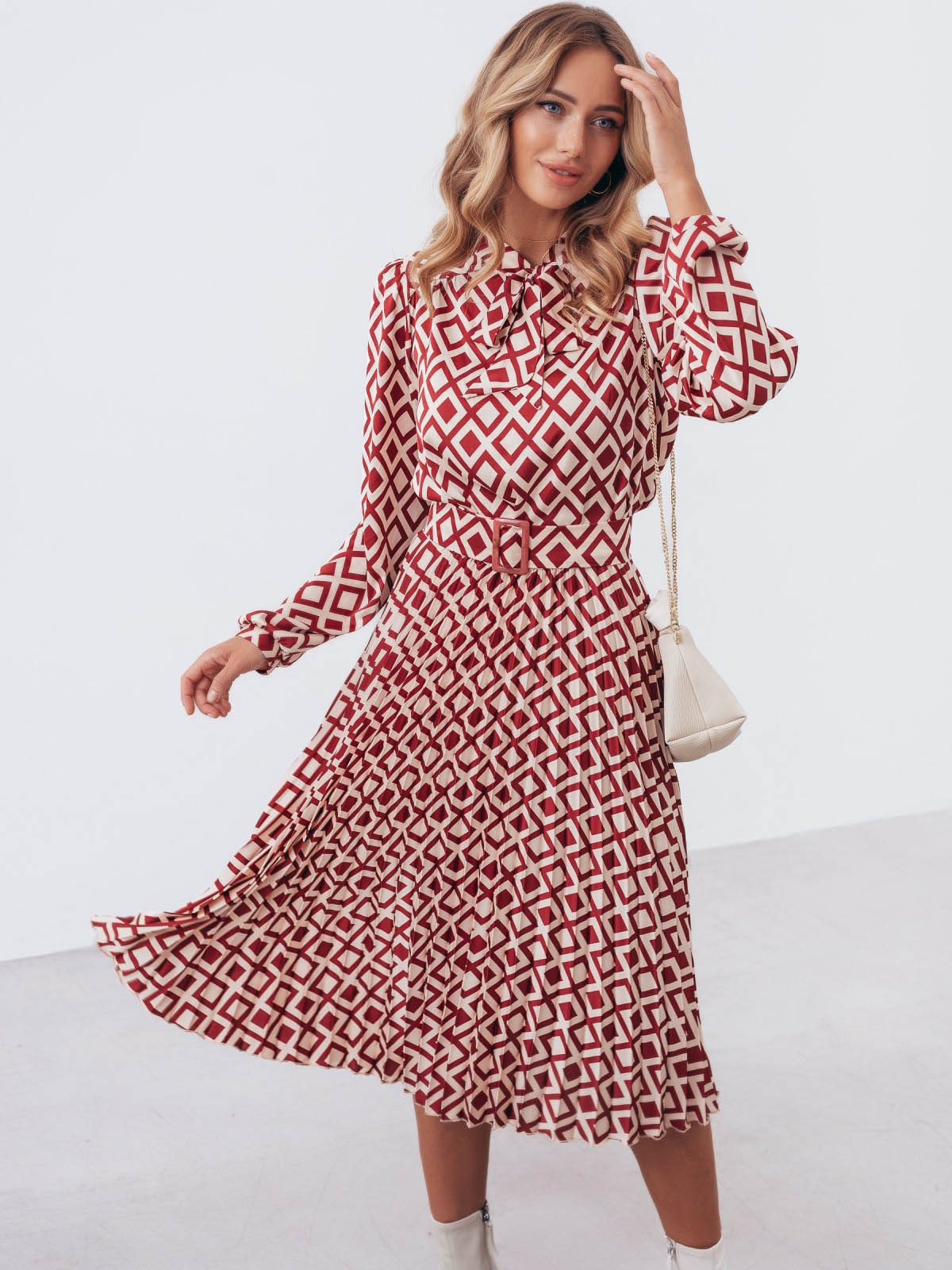 Плісирована сукня-кльош бордова в принт | 72056