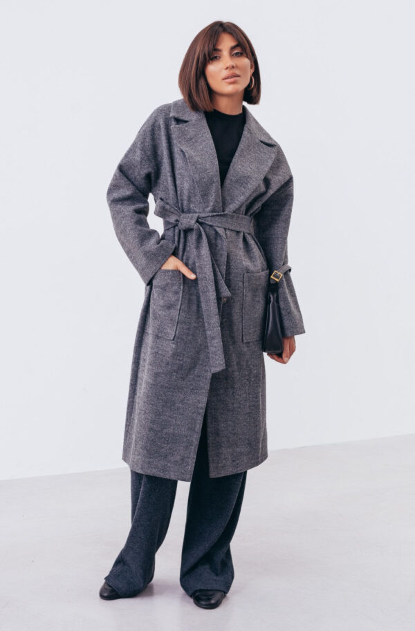 Пальто прямого крою темно-сіре із поясом | 72213