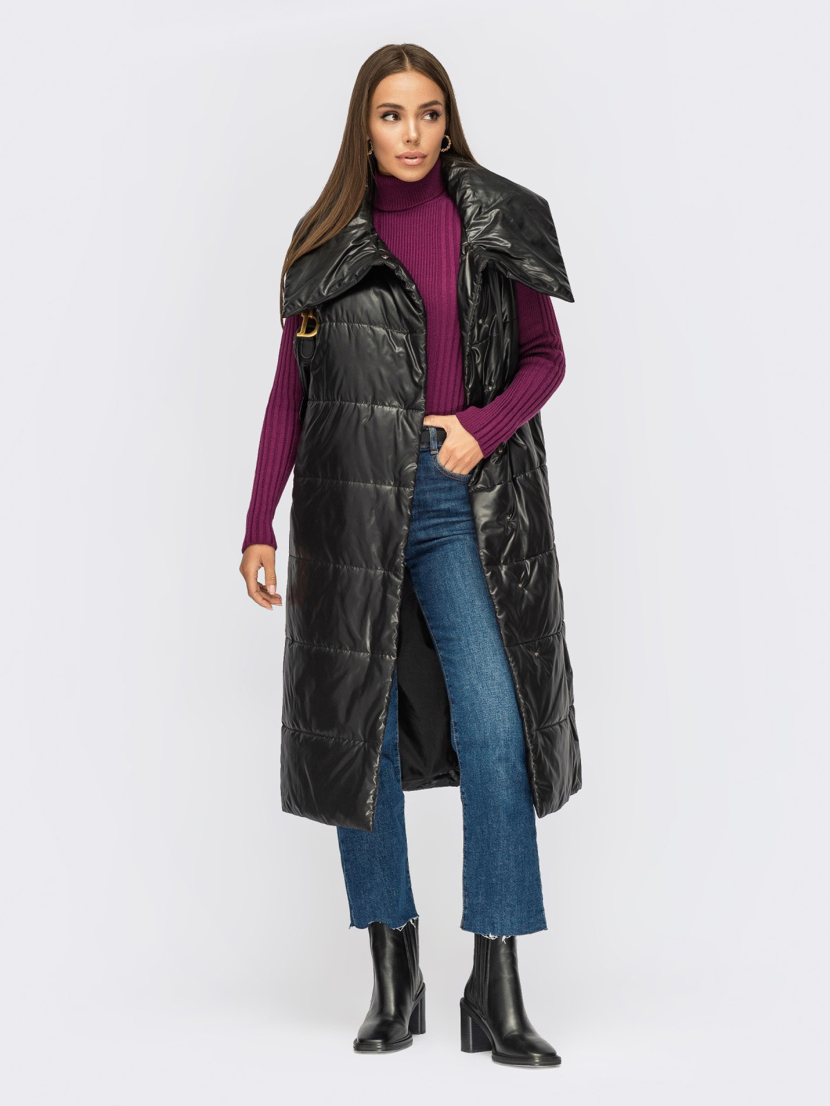 Довгий жилет чорний з об'ємним коміром | 70975 Довгий жилет чорний з об'ємним коміром | 70975