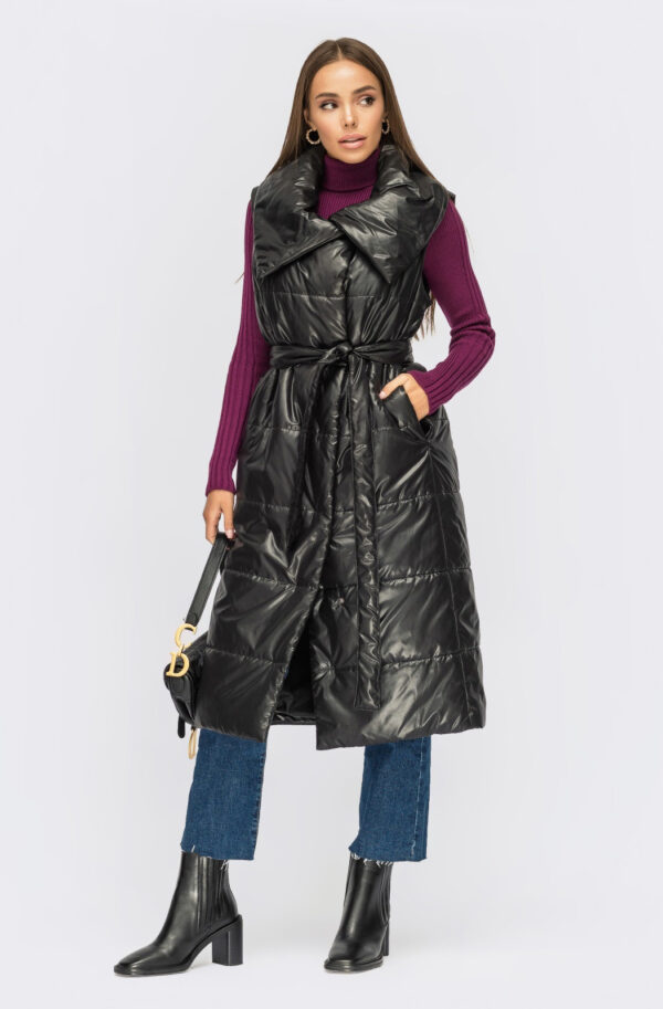 Довгий жилет чорний з об'ємним коміром | 70975