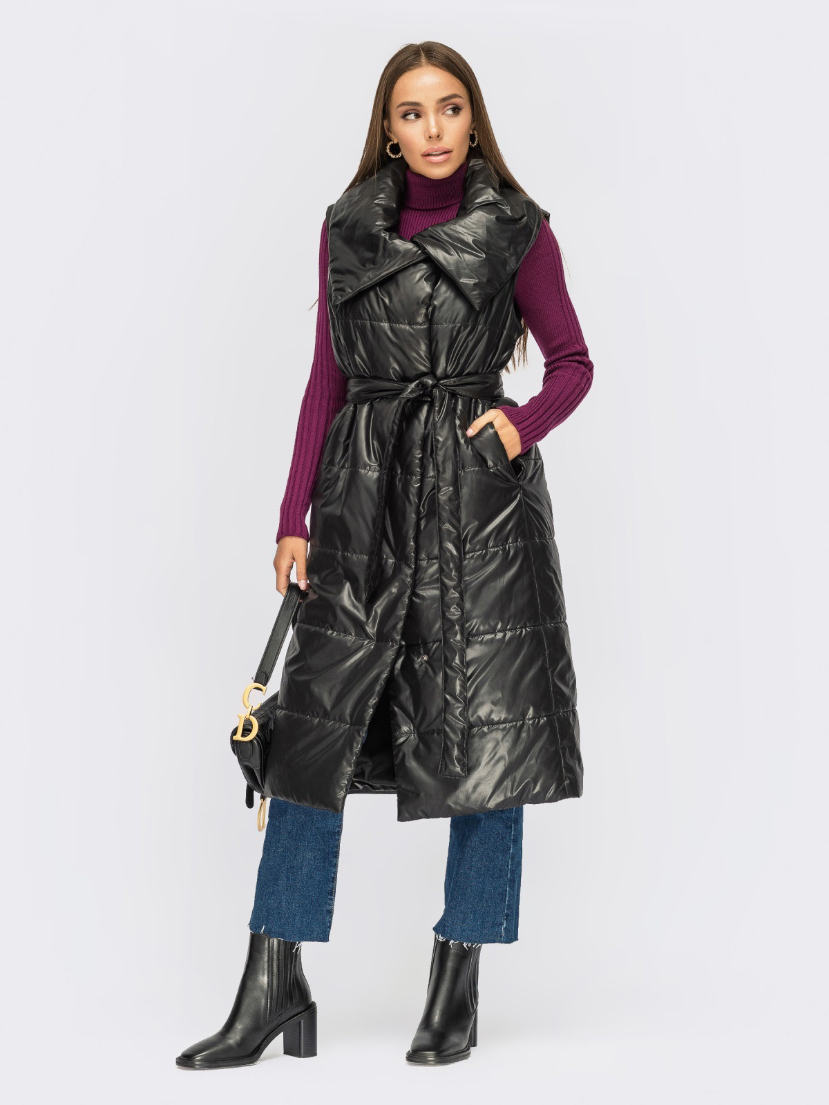 Довгий жилет чорний з об'ємним коміром | 70975 Довгий жилет чорний з об'ємним коміром | 70975