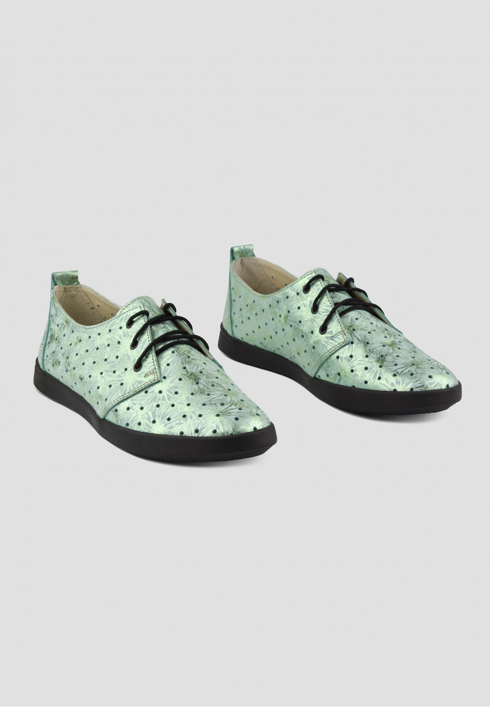 Шкіряні мокасини світло-зелені з перфорацією | 71514