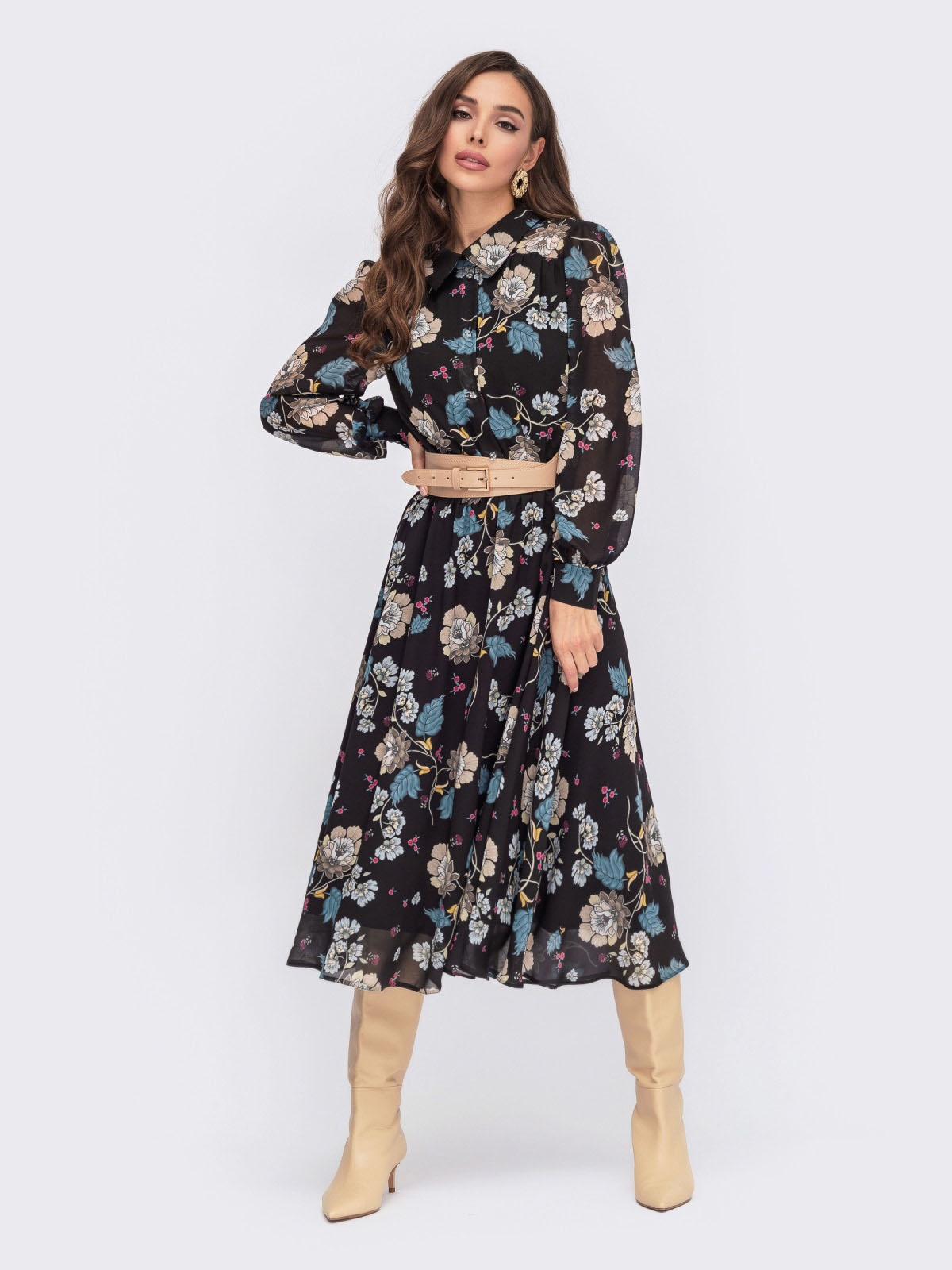 Плаття-сорочка чорне міді у квітчастий принт | 71272 Плаття-сорочка чорне міді у квітчастий принт | 71272