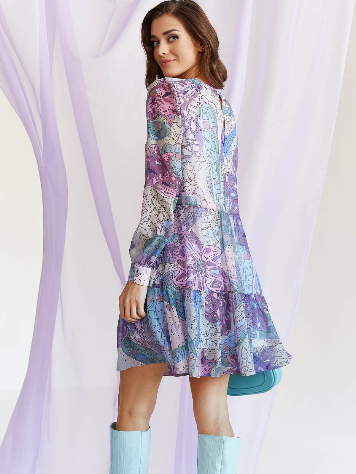 Коротке шифонове плаття бузкове в принт | 71256 Коротке шифонове плаття бузкове в принт | 71256