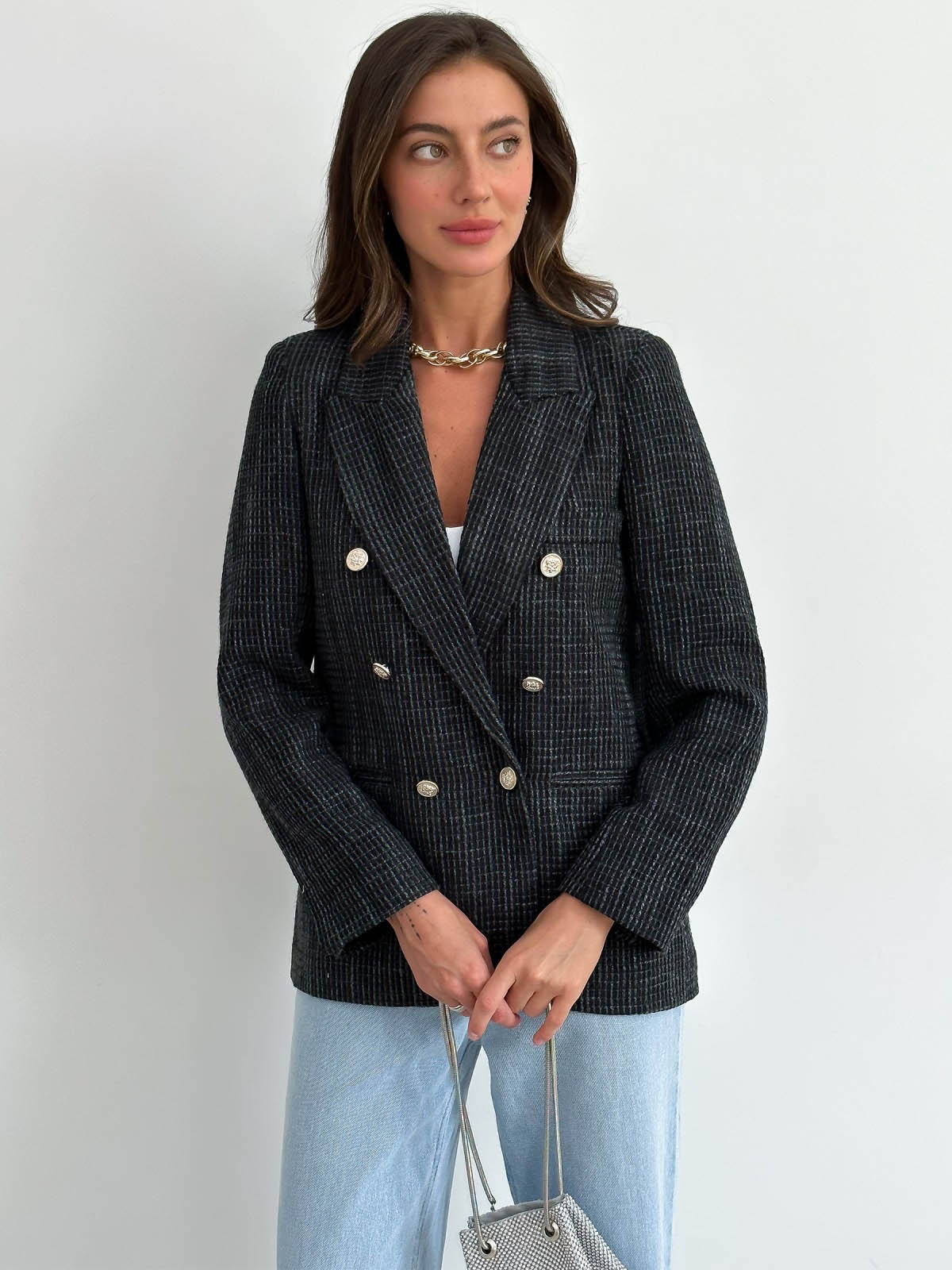 Твідовий двобортний жакет чорний | 72149 Твідовий двобортний жакет чорний | 72149