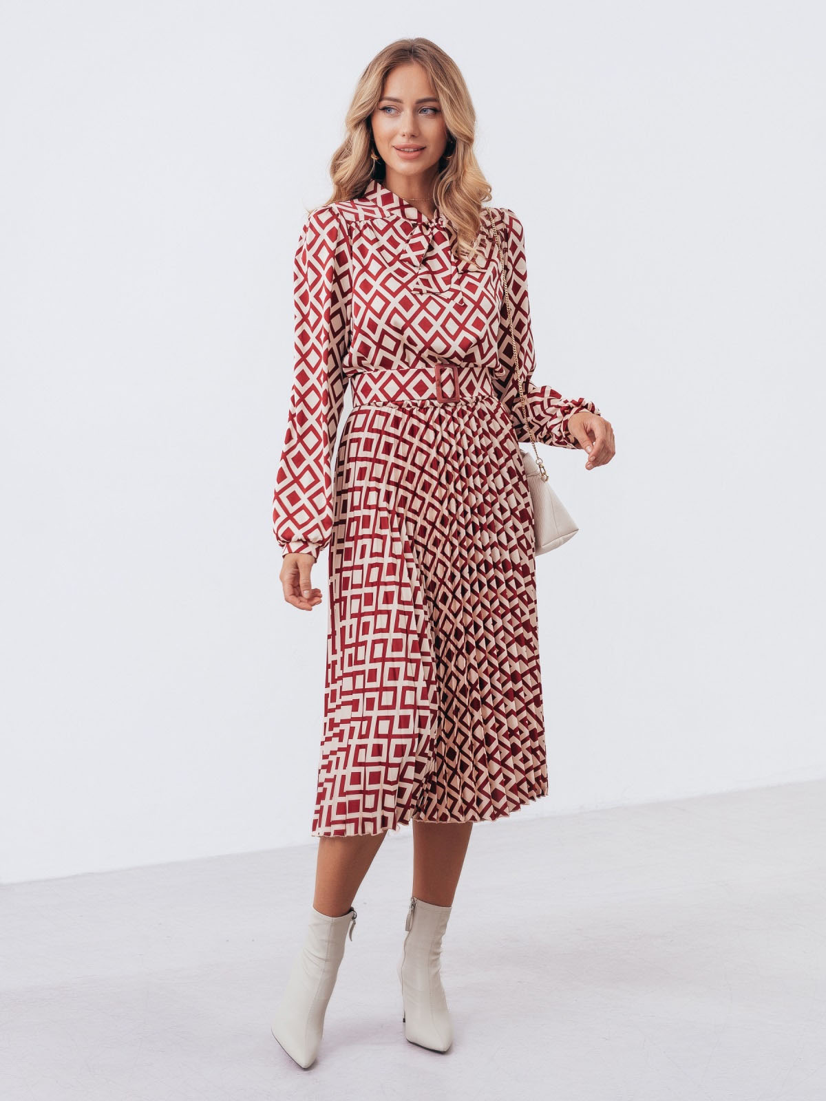 Плісирована сукня-кльош бордова в принт | 72056