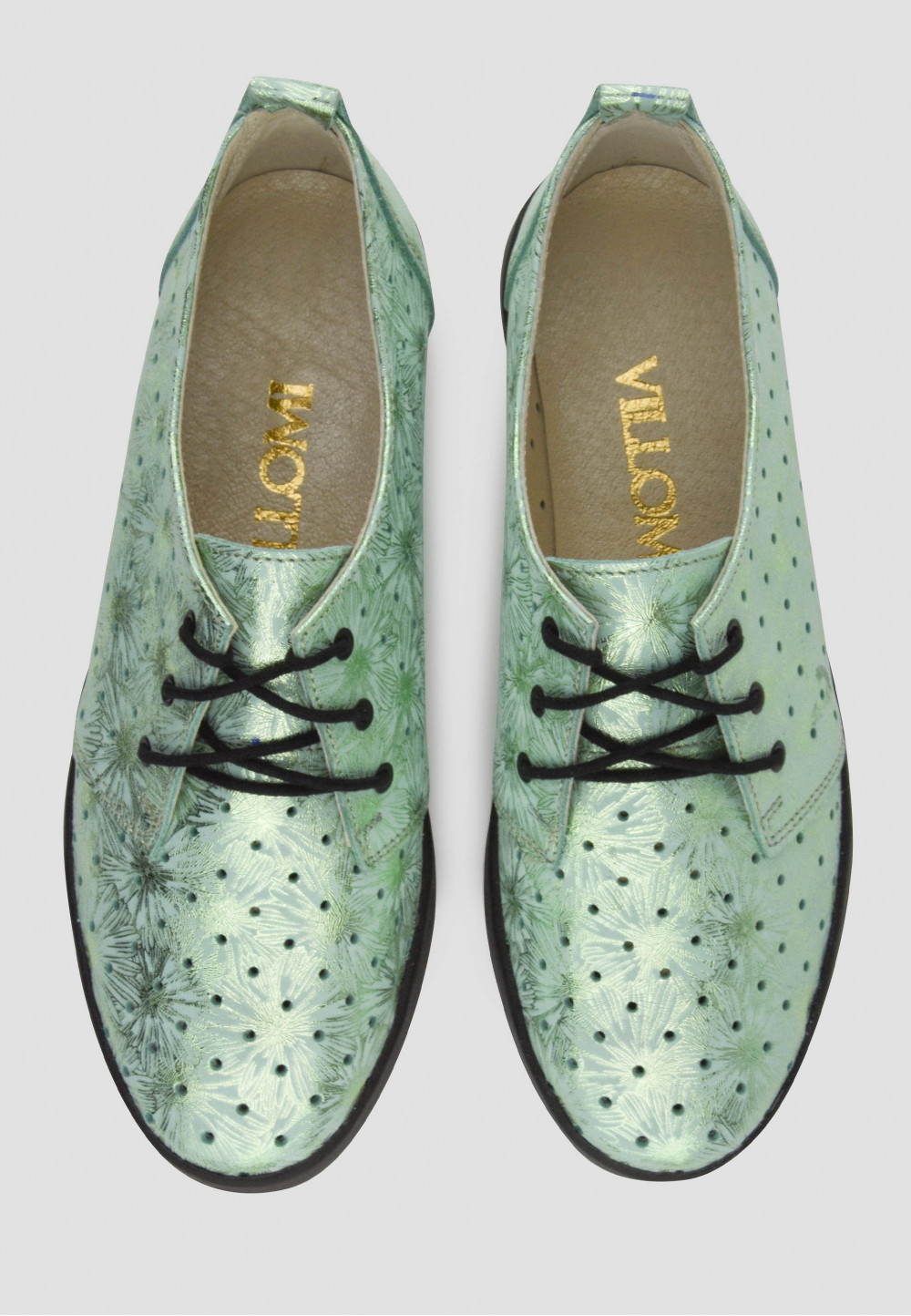 Шкіряні мокасини світло-зелені з перфорацією | 71514