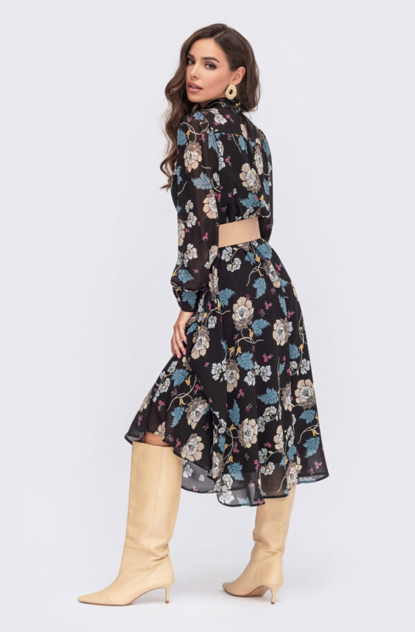 Плаття-сорочка чорне міді у квітчастий принт | 71272