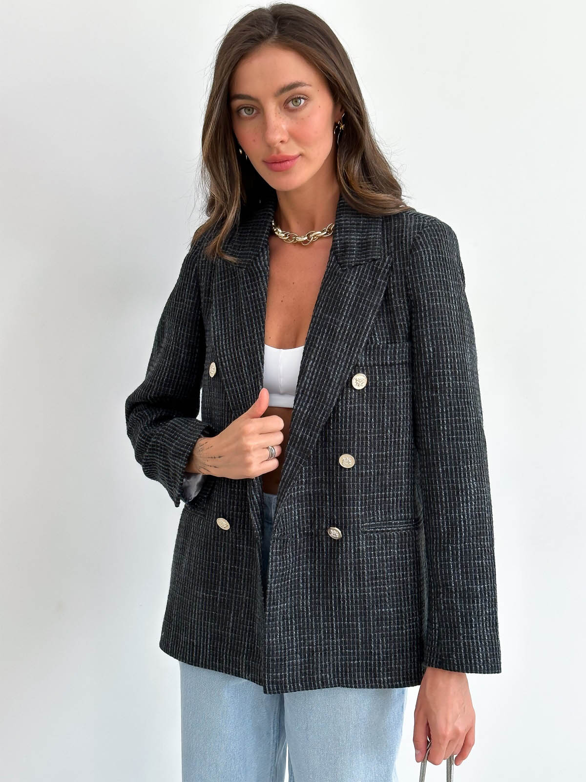 Твідовий двобортний жакет чорний | 72149 Твідовий двобортний жакет чорний | 72149
