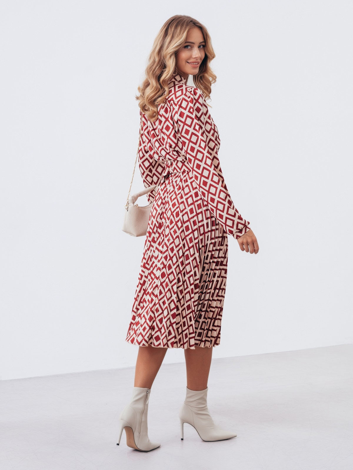 Плісирована сукня-кльош бордова в принт | 72056