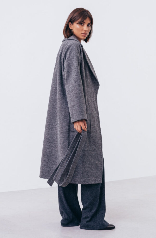 Пальто прямого крою темно-сіре із поясом | 72213
