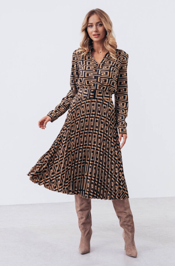 Плаття бежеве зі спідницею-плісе в принт | 71576