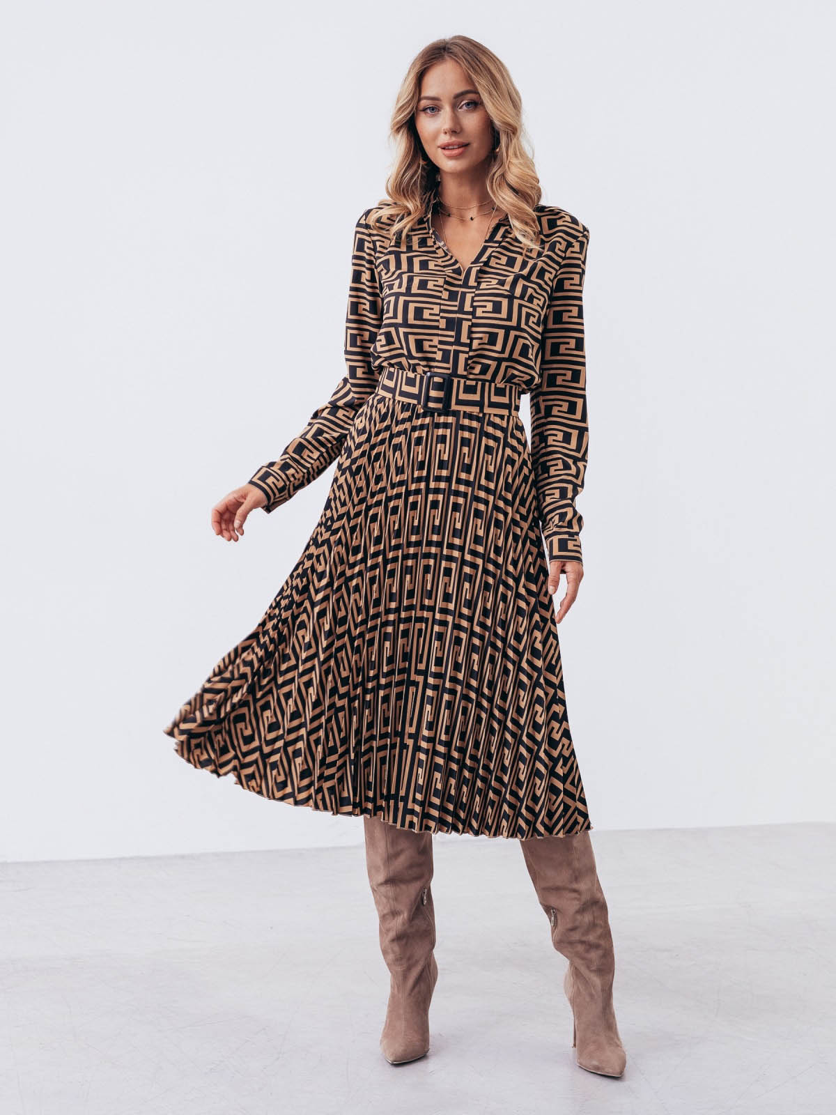 Плаття бежеве зі спідницею-плісе в принт | 71576 Плаття бежеве зі спідницею-плісе в принт | 71576