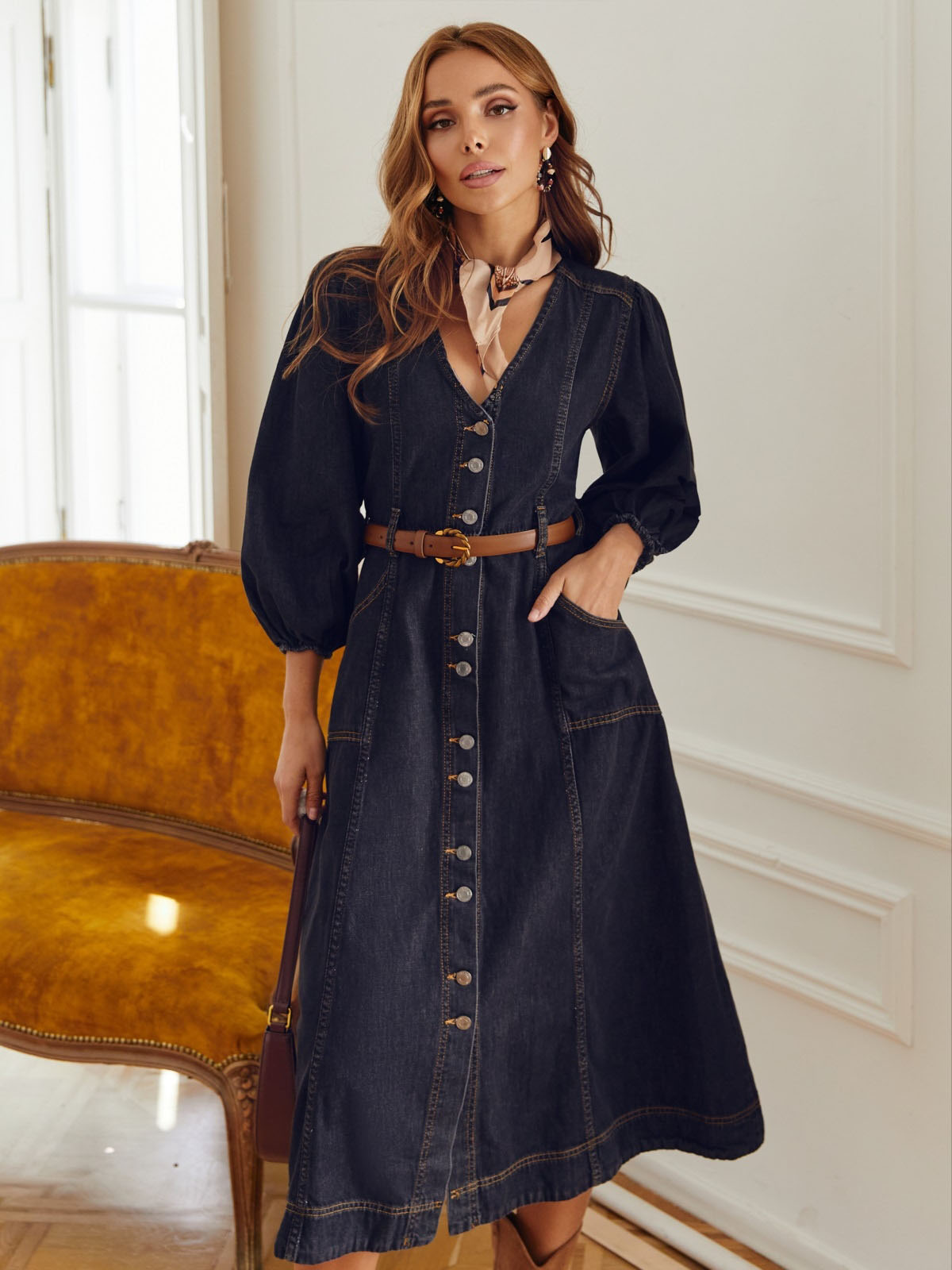 Повсякденна сукня джинсова чорна міді | 72604