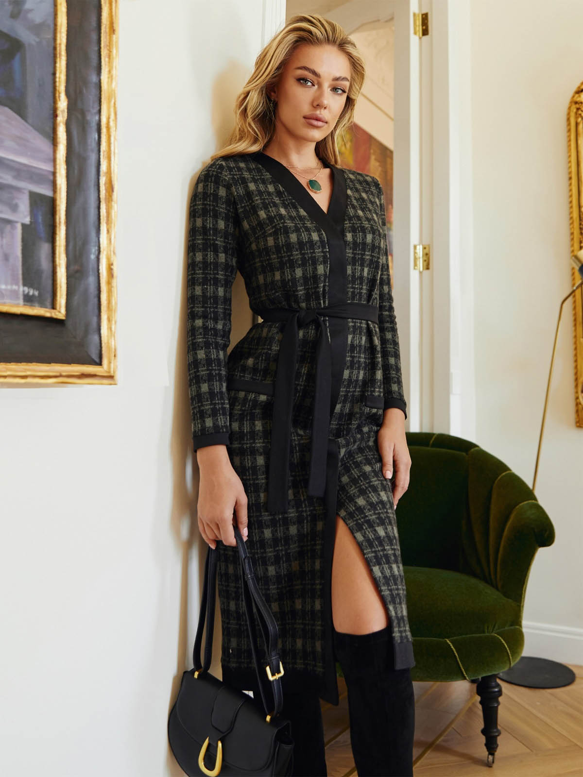 Трикотажна вовняна сукня зелена в клітинку | 73438 1