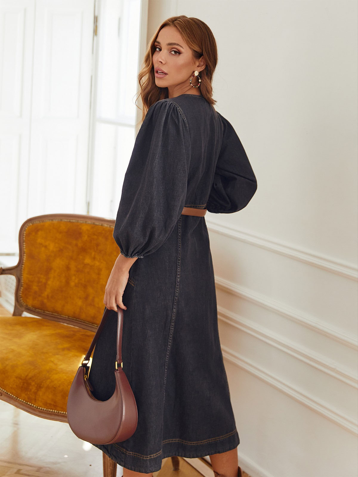 Повсякденна сукня джинсова чорна міді | 72604