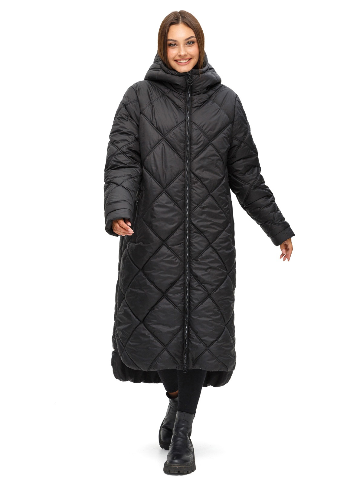 Стьобана довга зимова куртка чорна | 74623