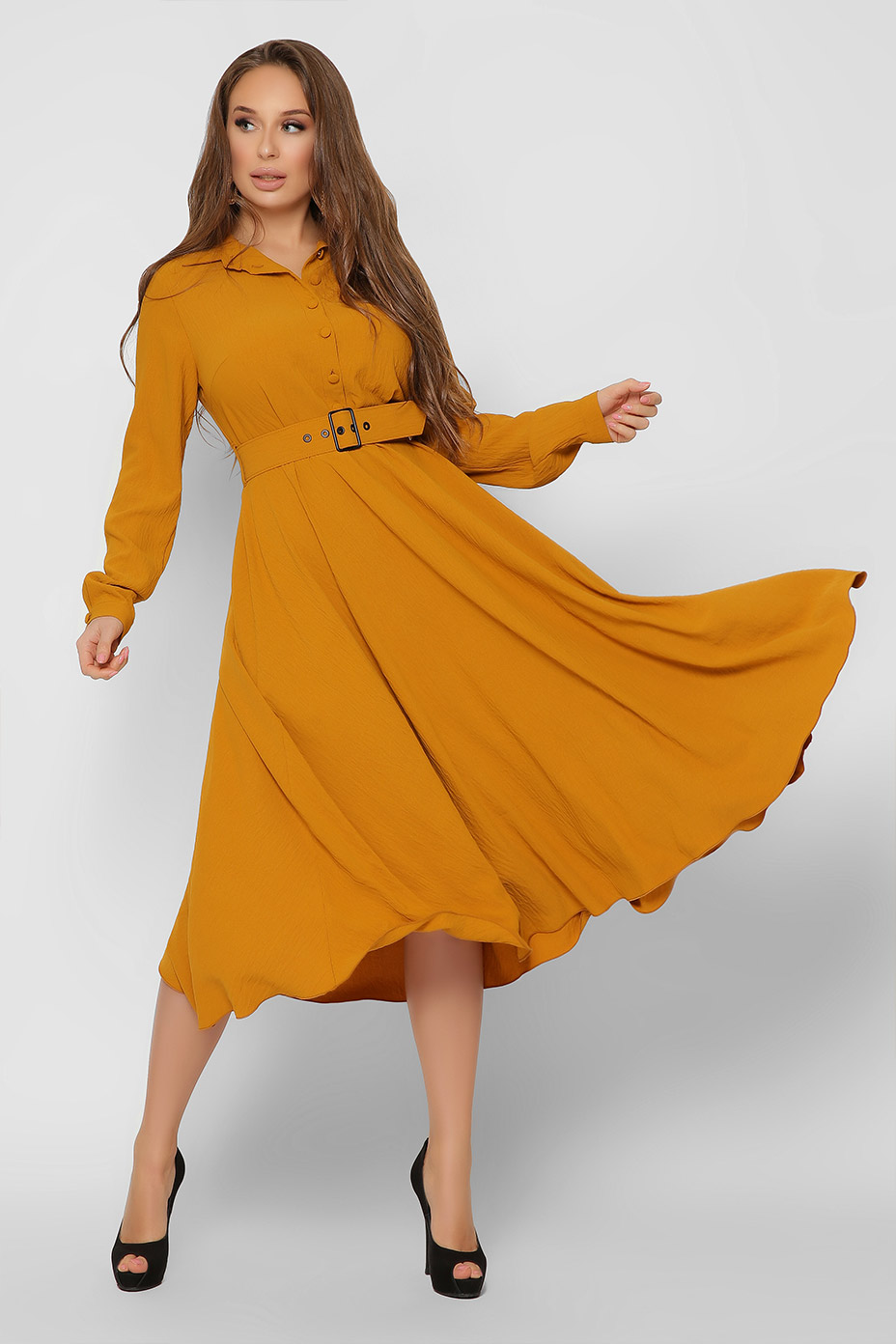 Розкльошене плаття гірчичне | 74054