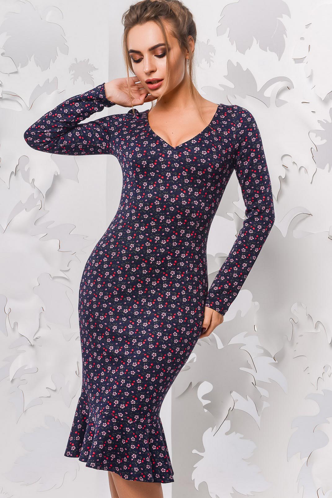 Тепла сукня синя з квітковим візерунком | 74192