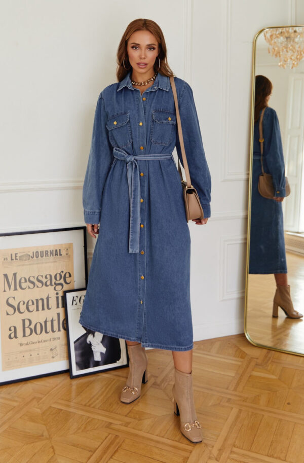 Джинсове плаття-сорочка синє довжини міді | 74692