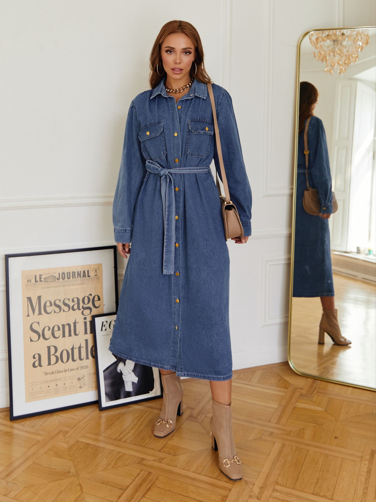 Джинсове плаття-сорочка синє довжини міді | 74692 Джинсове плаття-сорочка синє довжини міді | 74692