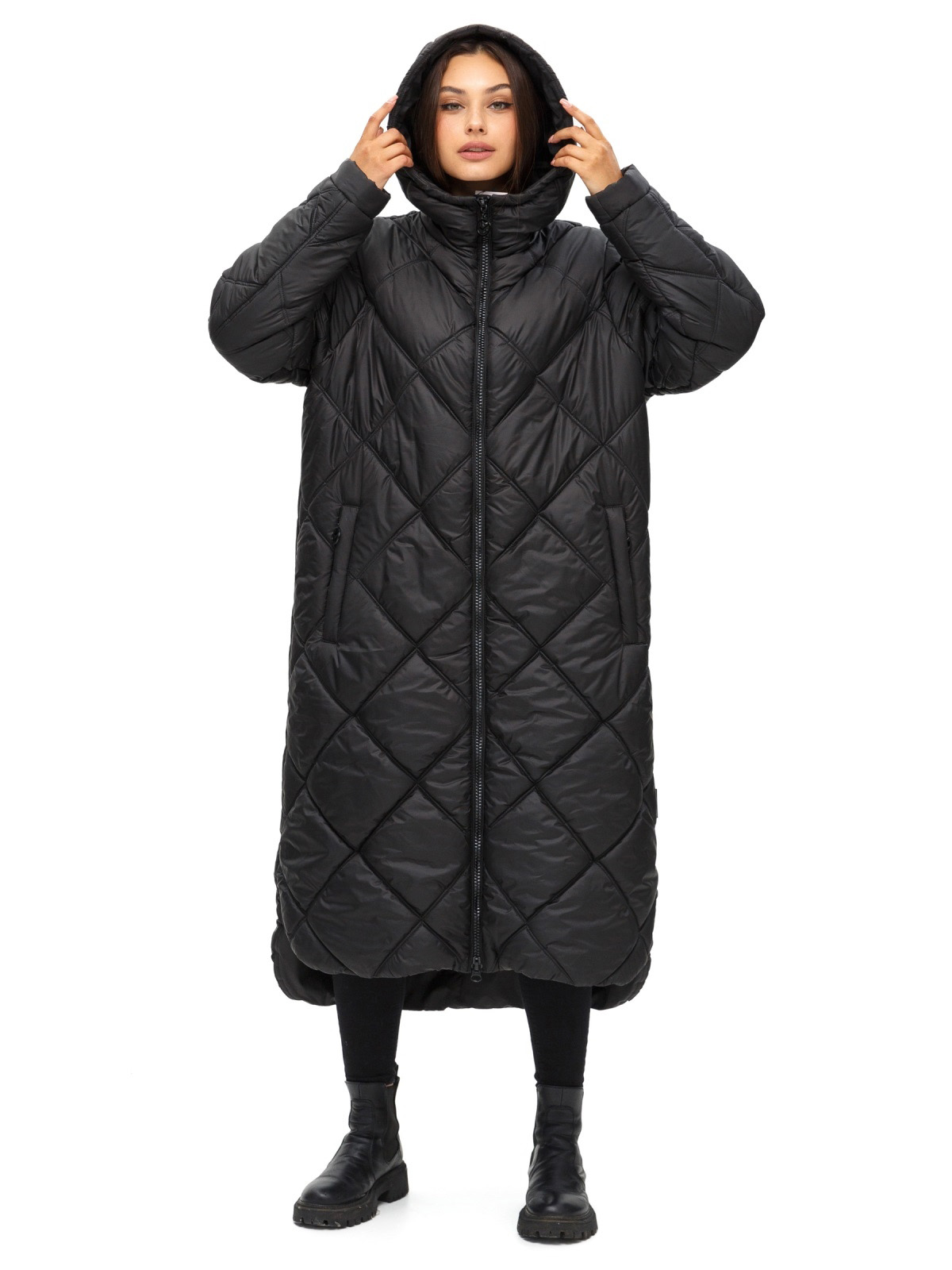 Стьобана довга зимова куртка чорна | 74623