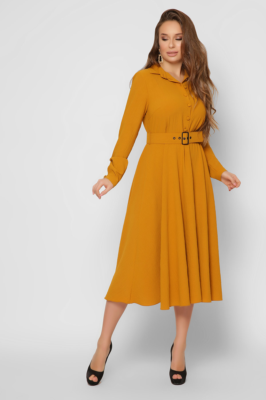 Розкльошене плаття гірчичне | 74054