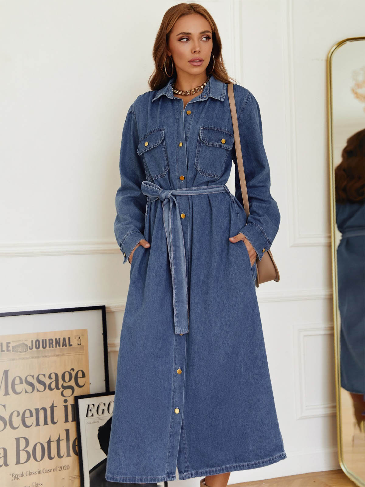 Джинсове плаття-сорочка синє довжини міді | 74692 Джинсове плаття-сорочка синє довжини міді | 74692