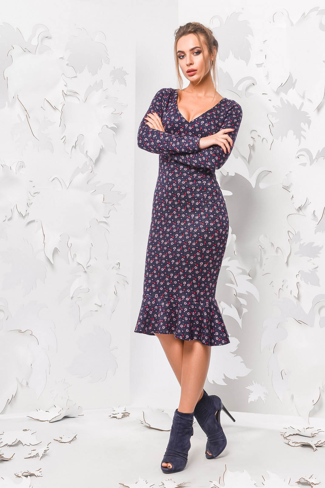 Тепла сукня синя з квітковим візерунком | 74192