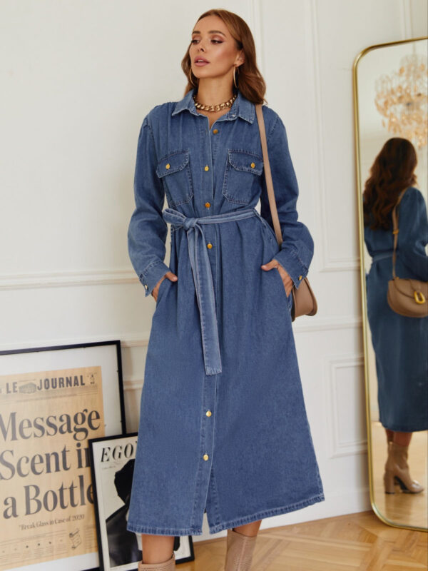 Джинсове плаття-сорочка синє довжини міді | 74692