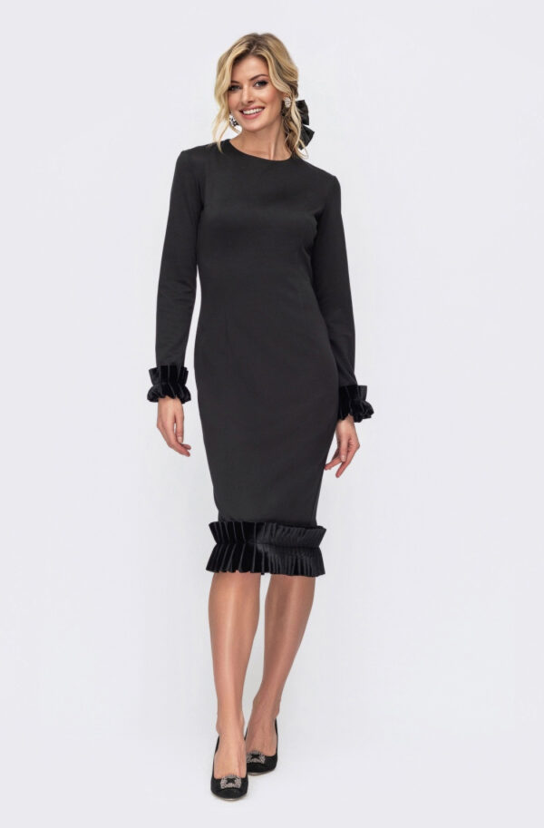 Плаття чорне з оксамитовою оборкою | 75010