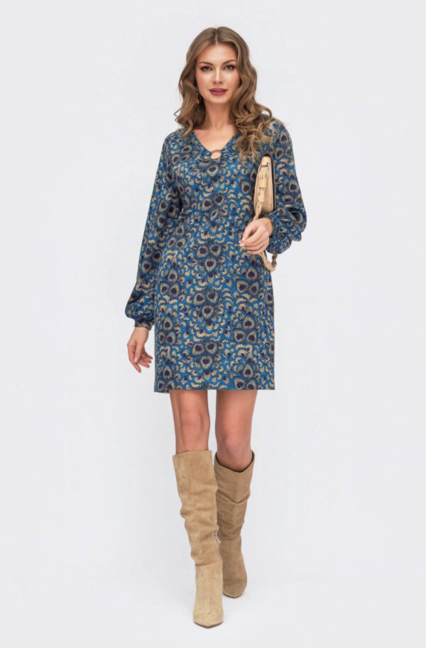 Коротке трикотажне плаття блакитне в принт | 75056