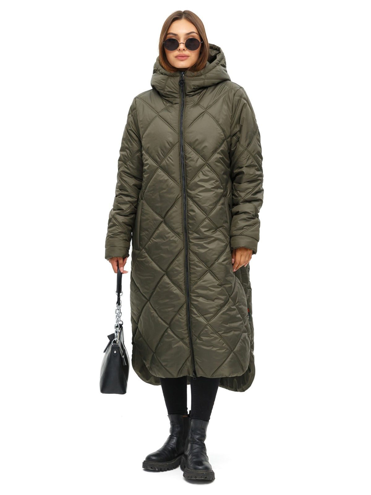Стьобана довга зимова куртка хакі | 75160