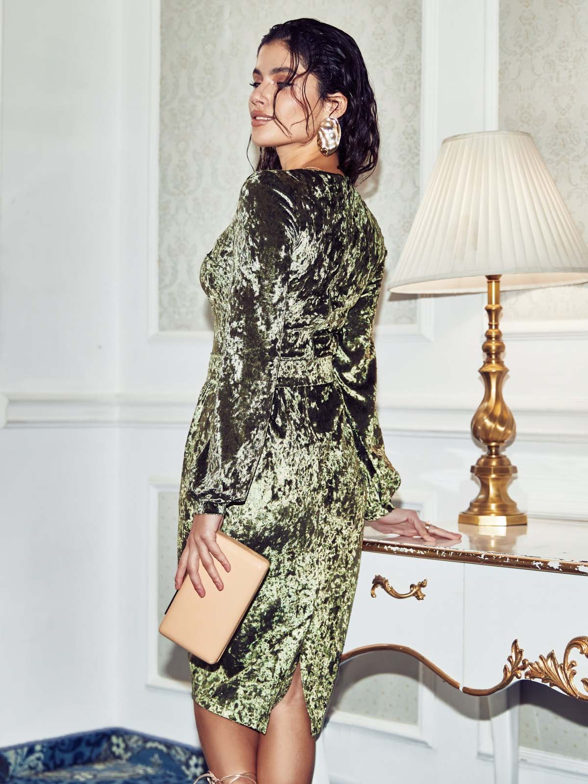 Плаття-міді хакі з оксамиту | 75558 Плаття-міді хакі з оксамиту | 75558