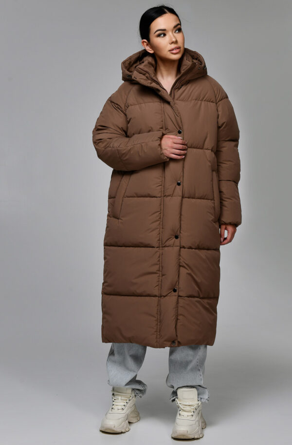 Довгий пуховик оверсайз капучино | 75254