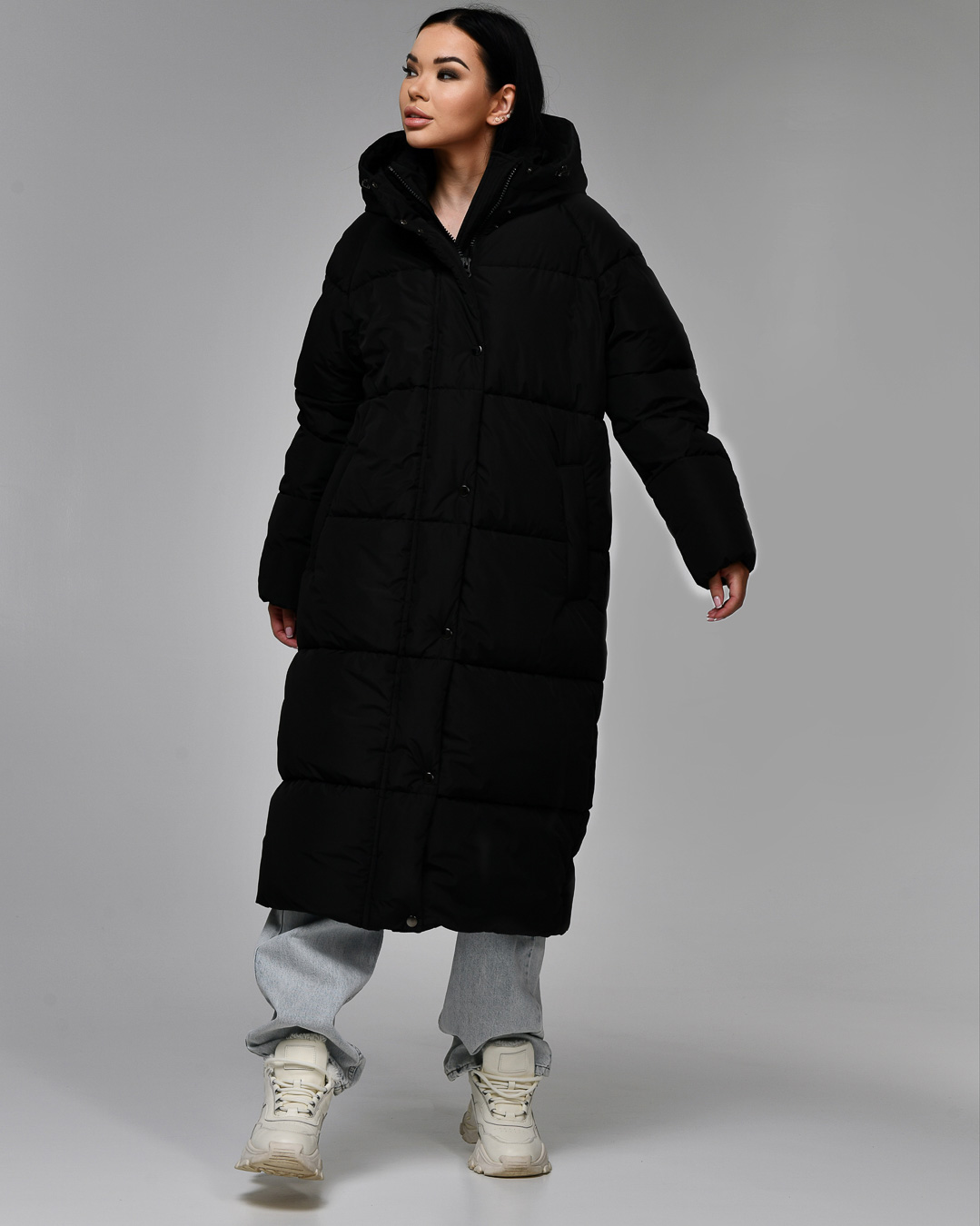 Довгий пуховик оверсайз чорний | 75267 Довгий пуховик оверсайз чорний | 75267