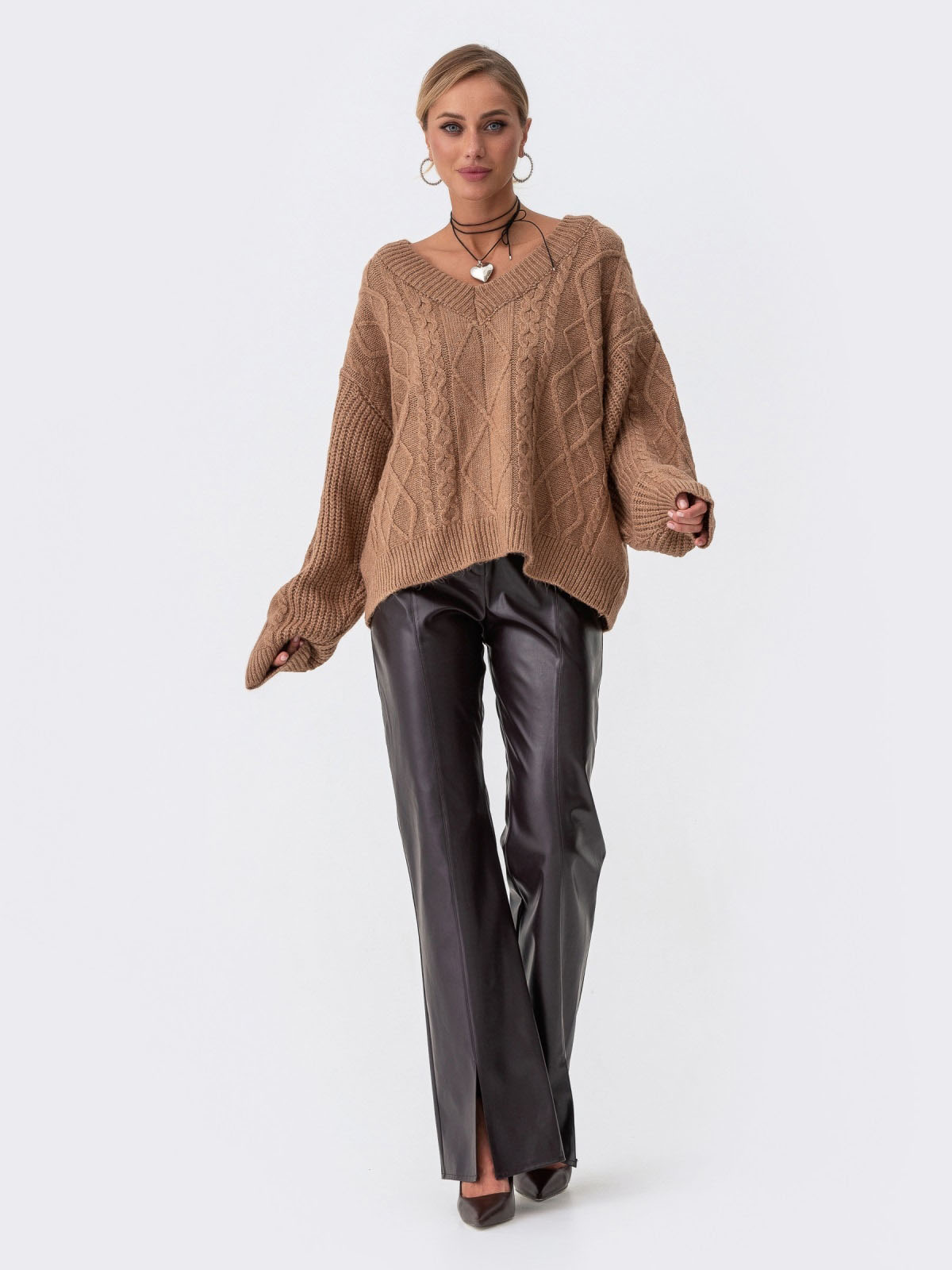 Шкіряні штани кльош темно-коричневі | 75580 Шкіряні штани кльош темно-коричневі | 75580